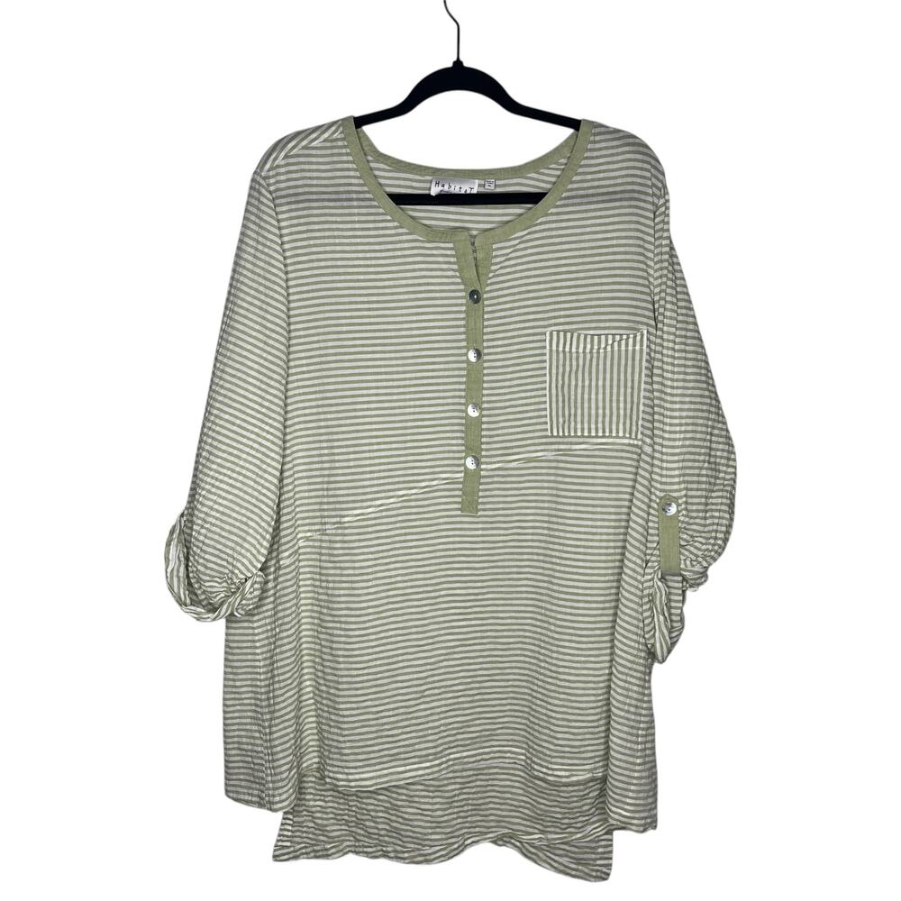 Habitat Striped Top Womens XL Green Henley Roll Up Sleeve High Low Hem Tunic